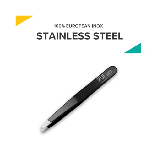 Rui Smiths Professional Slanted Tweezers | Precision German Stainless Steel Eyebrow Tweezers, Aligned Tips, Matte Black Finish