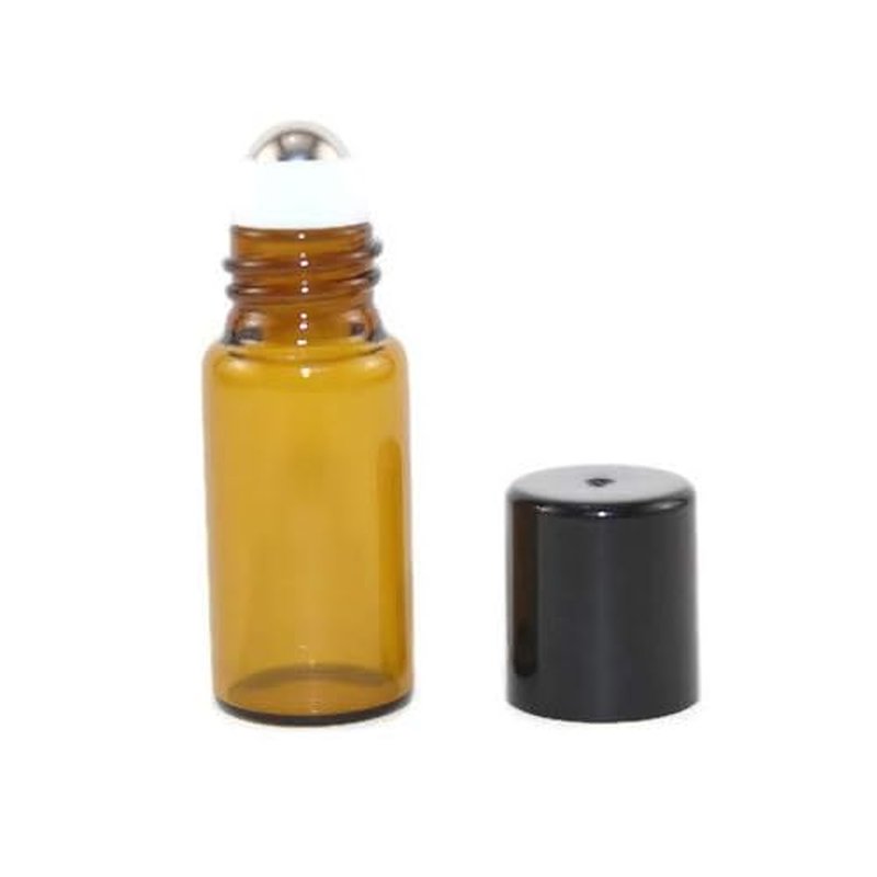144 Amber Glass 3 ml Mini Roll-On Glass Bottles with 144 Stainless Steel Roller Balls and Flat Black Caps - Refillable Aromatherapy Essential Oil Roll On (144)