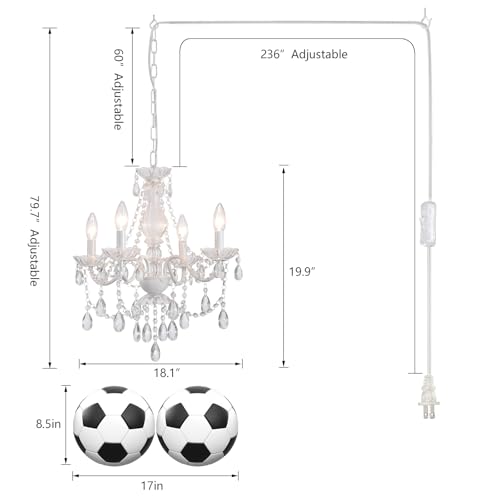 AMZASA Plug-in White Crystal Chandelier 4-Light Pendant Light for Kitchen & Dining – Adjustable Height, Easy Assembly