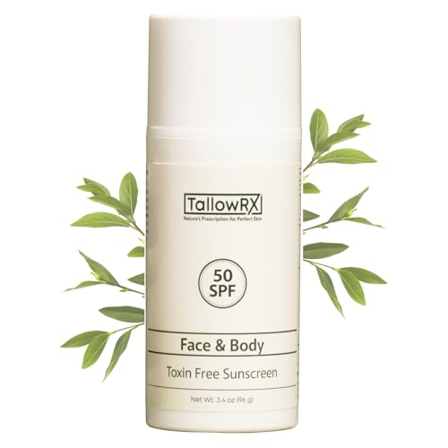 Tallow Sunscreen SPF 50 Mineral Sunblock with Zinc & Red Raspberry - Reef Safe, Non-Toxic, 3.4 oz