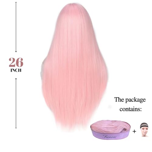 FANCEE Pastel Pink Wig with Bangs - 26 Inch Straight Synthetic Cosplay Hair