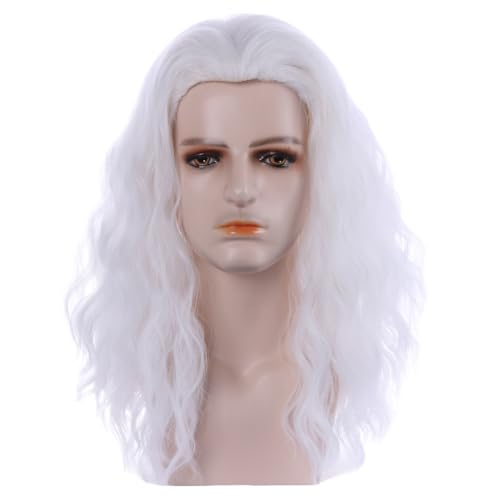 Mens White Curly Wavy Wig - Long Synthetic Hair for Men - Variation of White