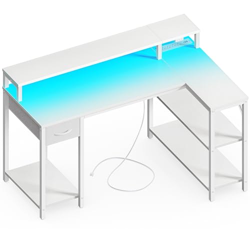 Reversible L-Shaped Gaming & Office Desk with LED Lights, Monitor Stand & Storage