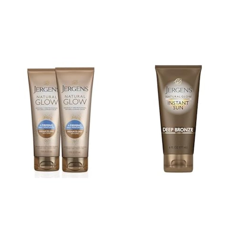 Jergens Natural Glow +FIRMING Self Tanner Body Lotion, Medium to Tan Skin Tone & Natural Glow Instant Sun Sunless Tanning Moisturizer + Bronzer, Self Tanner, Deep Bronze