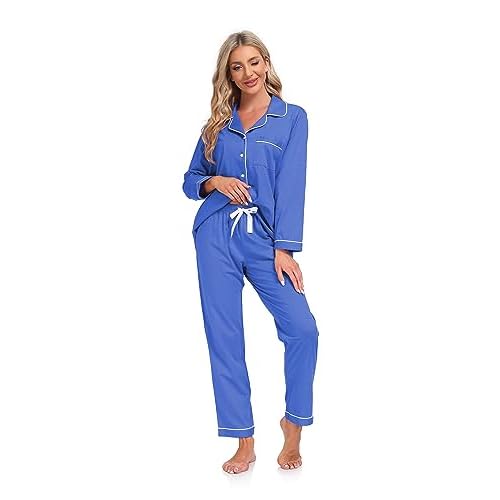COLORFULLEAF Women's 100% Cotton Long Sleeve Pajama Sets Button Down Notched Collar Sleepwear Soft Lounge Pjs with Pockets