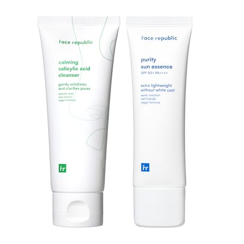 Face Republic Acne Clear & Protect - Calming Acne Salicylic Cleanser + Purity Sun Essence | Salicylic Acid, Centella Asiatica Foam Cleanser | SPF 50 Broad Spectrum UV Sunscreen | Vegan Korean Skincare