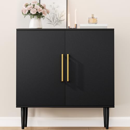 Black Storage Cabinet - Modern Buffet Sideboard with Shelves & Gold Handle