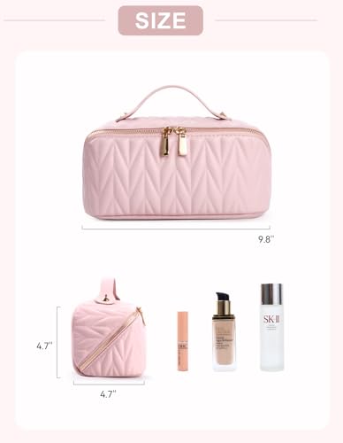 Travel Makeup Bag for Women - Pink Large Capacity Cosmetic Organizer with Divider & Handle