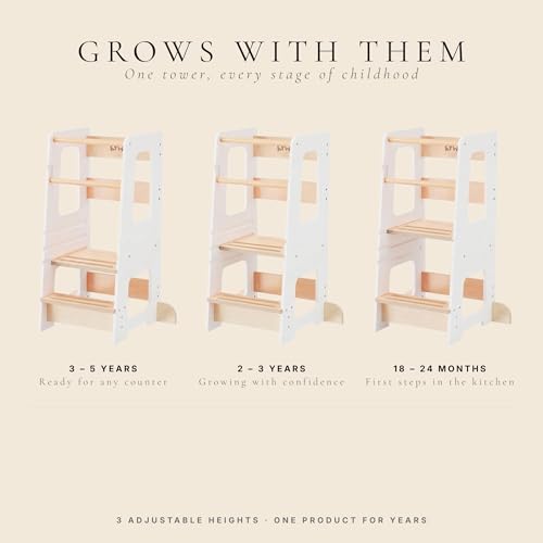 White Wooden Toddler Kitchen Helper Tower with 3 Adjustable Heights & Safety Rails