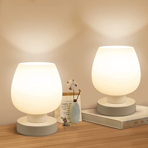 ONEWISH Set of 2 Modern Touch Bedside Table Lamps, White Opal Glass Shade, 3-Way Dimmable Nightstand Lamps, Non-USB
