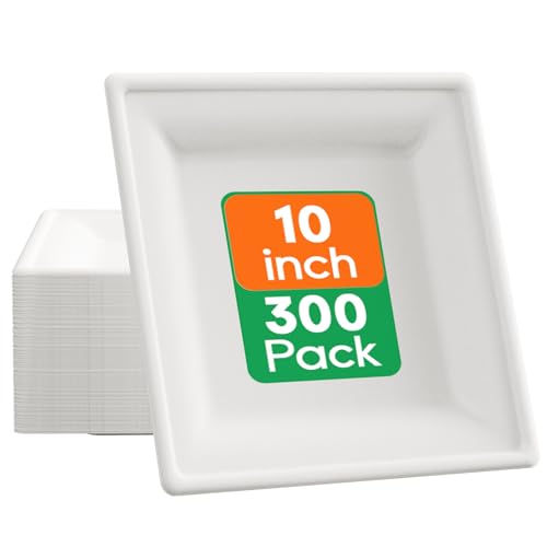 10 Inch Compostable Square Paper Plates - 300 Pack Heavy Duty Disposable Dinnerware