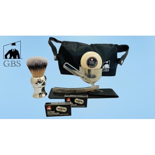 G.B.S Men¡¯s Wet Shaving Kit, Interchangeable Shaving Razor, Synthetic Badger Hairbrush, Mesh Travelling Toiletry Bag, Shavette Razor