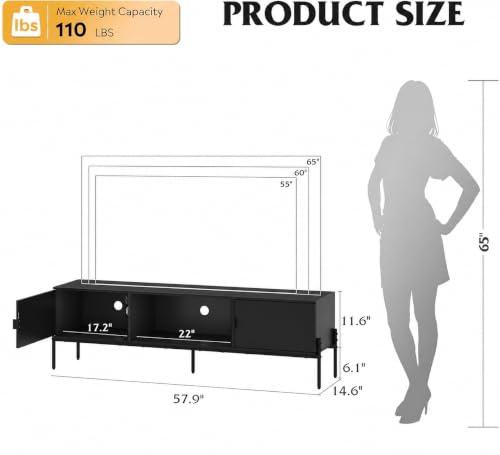 58-Inch TV Stand for 55-65 Inch TVs - Black Media Console with Metal Legs