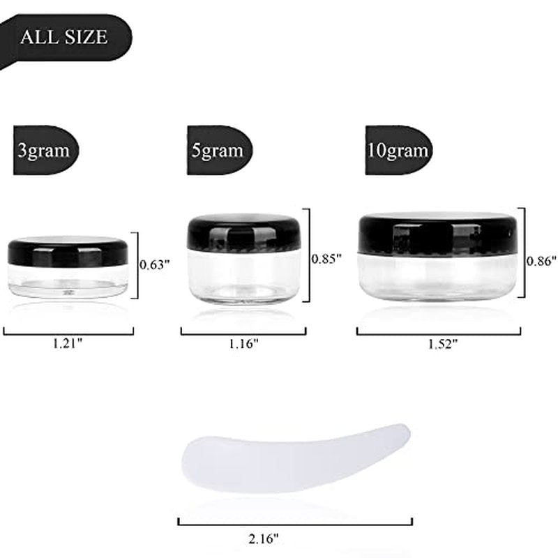 200PCS 3 Gram Sample Containers, 3ml Empty Jars with Lids, Small Cosmetic Containers, Mini Sample Jars with 16PCS Mini Spatulas for Make Up, Oils, Lotion, Powder, Paint, Jewelry, Lip Balms(Black Lid)