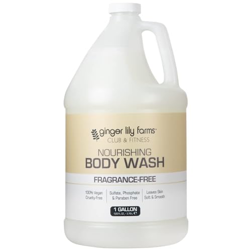 Ginger Lily Farms Club & Fitness Nourishing Body Wash, 100% Vegan & Cruelty-Free, Bath & Shower Gel for Men and Women, Fragrance Free, 1 Gallon (Pack of 4)