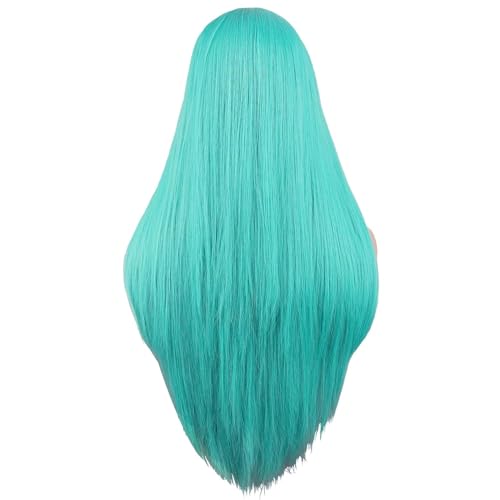 RightOn Blue Green Long Straight Wig for Cosplay & Daily Wear with Bangs, 26in