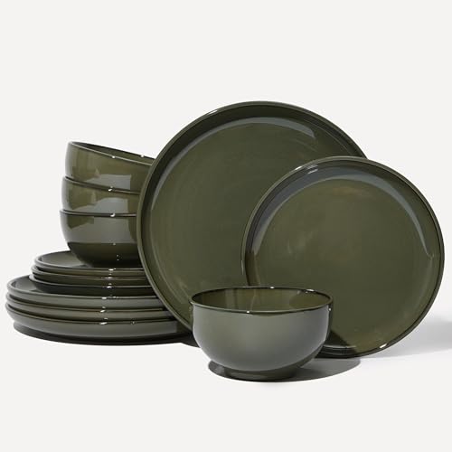 Pokini 12-Piece Stoneware Dinnerware Set for 4, Reactive Glaze, Blackish Green