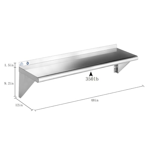 Stainless Steel Wall Mount Shelf Set 12x48 Inches 350lb Capacity - 2 Pack NSF Commercial Kitchen & Home Storage