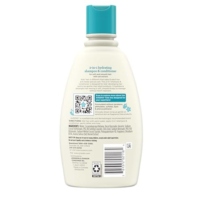 Aveeno Kids 2-in-1 Shampoo and Conditioner, Hydrating Shampoo and Conditioner for Soft, Smooth and Easily Manageable Hair, Oat Extract Formula, Gentle Scent, Hypoallergenic, 12 fl. oz, 3 Pack