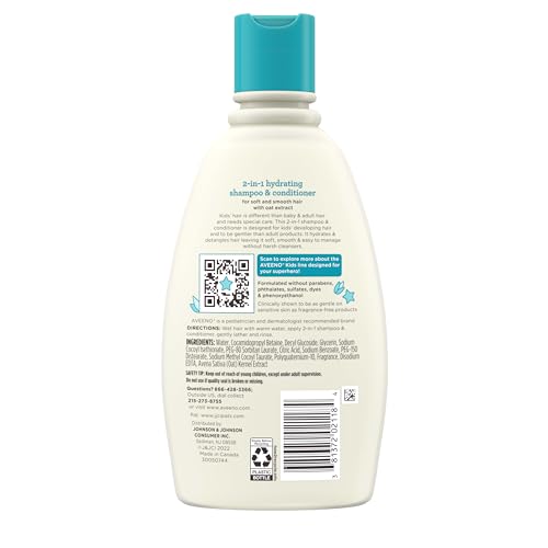 Aveeno Kids 2-in-1 Shampoo and Conditioner, Hydrating Shampoo and Conditioner for Soft, Smooth and Easily Manageable Hair, Oat Extract Formula, Gentle Scent, Hypoallergenic, 12 fl. oz, 3 Pack