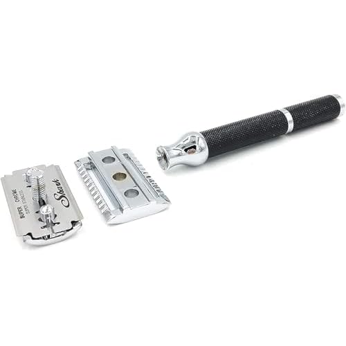 Parker 71R Medium Weight Long Handle Double Edge Safety Razor with 5 Parker Platinum Stainless Steel Razor Blades - Black Electroplated Brass Handle