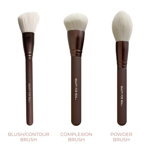 Beauty For Real Essential Pro Complexion Brush Set - Includes 3 Brushes: Blush/Contour, Complexion & Powder - Vegan & Cruelty Free