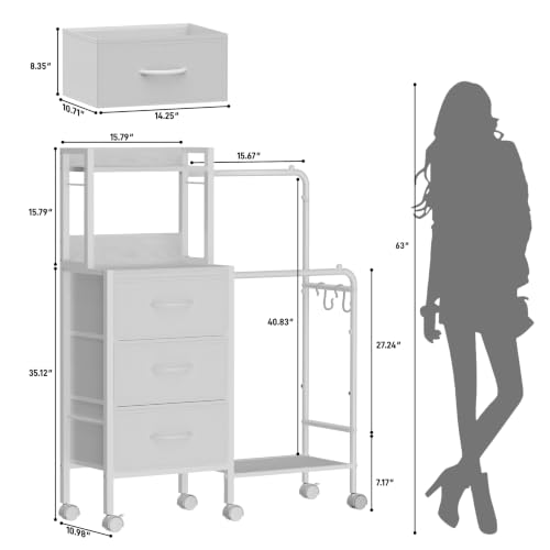 White Dresser with Double Hanging Racks, Wheels & Fabric Drawers - Bedroom Storage