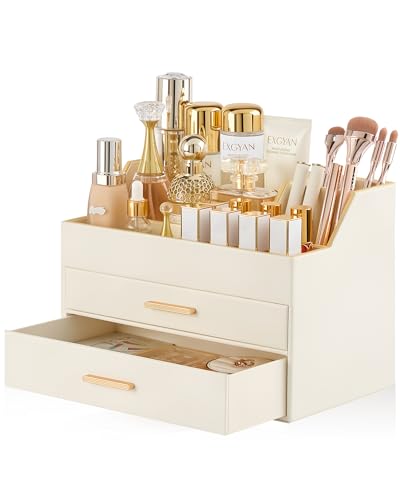 Lolalet Beige 3-Layer Makeup Organizer Vanity Storage with Drawers - PU Leather