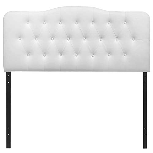 Full Headboard with Tufted Button Design - Faux Leather Upholstered Bed Frame in White