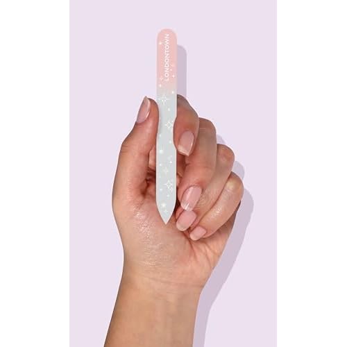LONDONTOWN Pink Sparkle Double-Sided Glass Nail File & Care Tool, Professional Grit Etched Crystal Manicure Accessory with Case Pouch