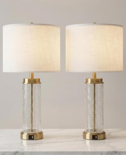 Set of 2 Modern Bedside Table Lamps with USB Charging Ports - 24.4 Inch Nightstand Lamps for Bedroom & Living Room