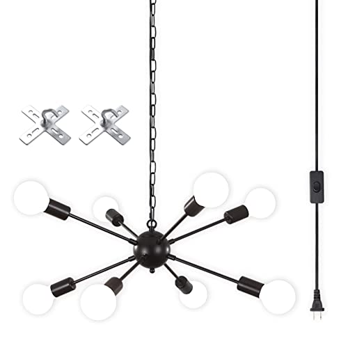 LASENCHOO 8 Lights Black Plug-in Chandelier with E26 Bulb Compatibility - Modern Sputnik Pendant Light Fixture