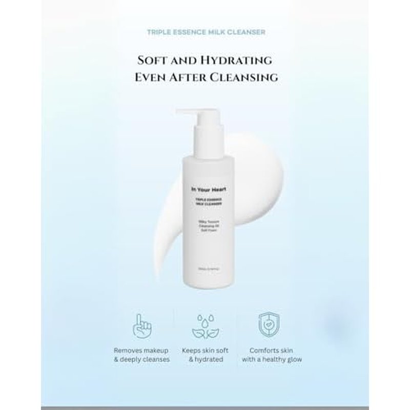 In Your Heart Triple Essence Milk Cleanser ? 3-in-1 Milky to Oil to Foam Cleanser & Makeup Remover | Hyaluronic Acid, Galactomyces, Chamomile | Korean Skincare, 200ml / 6.76 fl oz