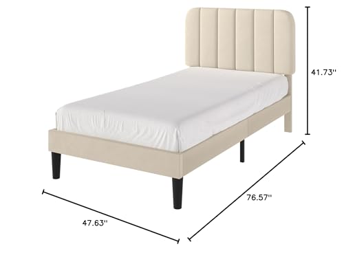 Twin Size Upholstered Bed Frame with Adjustable Headboard - Bone Beige