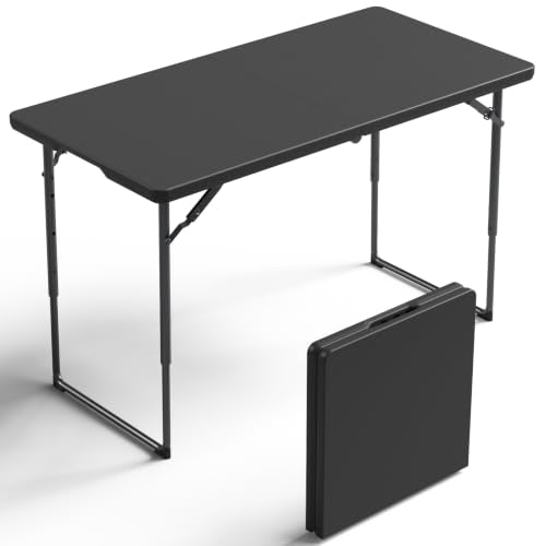 4FT Portable Folding Table with Adjustable Height & Steel Legs - Heavy Duty Plastic Surface for Indoor & Outdoor Use