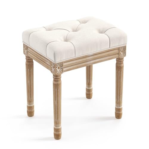 Upholstered Fabric Vanity Bench Seat with Carved Wood Legs - Beige, Variation of Beige and Wood
