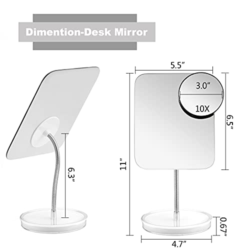 Desk Makeup Mirror with Detachable 10x Magnification,360¡Æ Rotation Flexible Gooseneck Mirror with Stand,Tabletop Cosmetic Mirror,Good for Shower Shaving Traveling-Rectangle