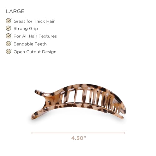 TELETIES - Large Flat Round Clip - Strong Grip, Bendable Teeth, Comfortable Curved Design - For Lying Down, Yoga, Driving & More - Ideal for Thick Hair - For All Hair Textures - Blonde Tortoise