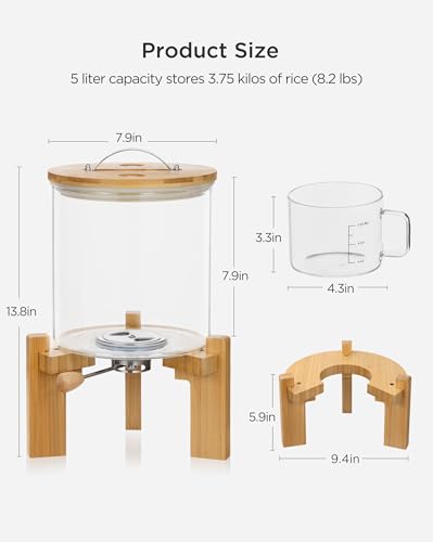 HBlife 5L Glass Rice Dispenser with Wooden Stand, Airtight Bamboo Lid & Measuring Cup