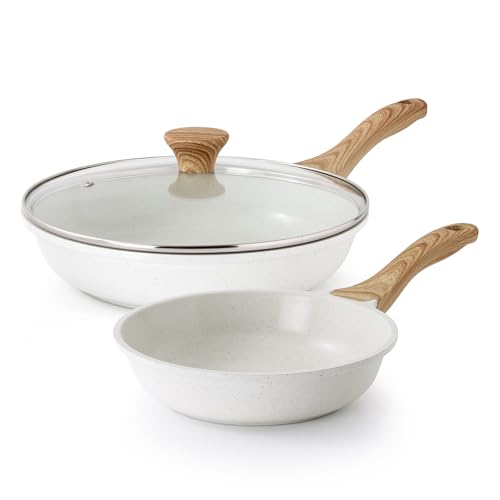 SENSARTE Ceramic Nonstick Frying Pan Set White 8 & 11 Inch with Lid