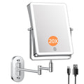 FASCINATE 5000mAh Rechargeable Wall Mounted Makeup Mirror, 8.7" Double Sided Touch Switch 1X 20X Rectangle Wall Mounted Magnifying Mirror with Light, 3 Color Setting, Extended Arm 360¡Æ Foldable Chrome