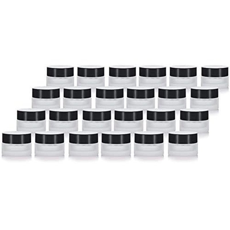 (24 pack) 5 ml 1/6 oz Frosted Clear Glass Small Thick Wall Jars with Black Smooth Foam Lined Lids
