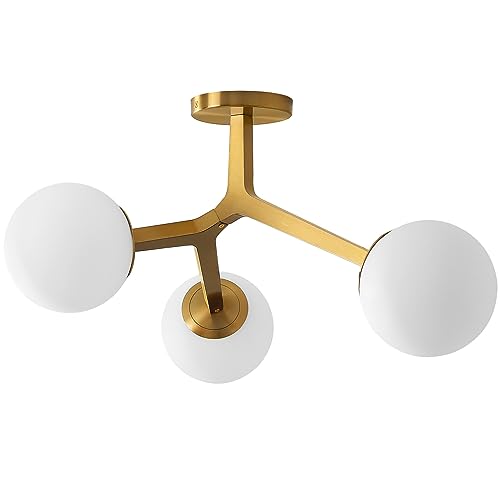 Gold Semi-Flush Mount Ceiling Light Fixture - Modern Sputnik Chandelier with Frosted Glass Shade