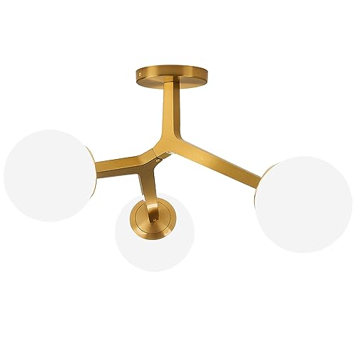 Gold Semi-Flush Mount Ceiling Light Fixture - Modern Sputnik Chandelier with Frosted Glass Shade