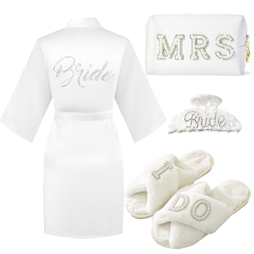 Bride to Be Gift Set with Slippers, Makeup Bag, Robe & Claw Clip – Wedding Bridal Shower Gift