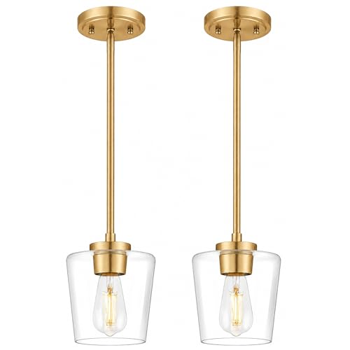 Gold Pendant Lights for Kitchen Island - Clear Glass Shade, 6 Inch - Brushed Gold Finish, 2 Pack