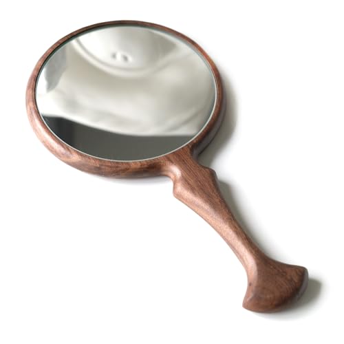 Round Walnut Hand Mirror - 5.5 Inch Diameter, Handheld Travel Vanity Mirror for Men & Women