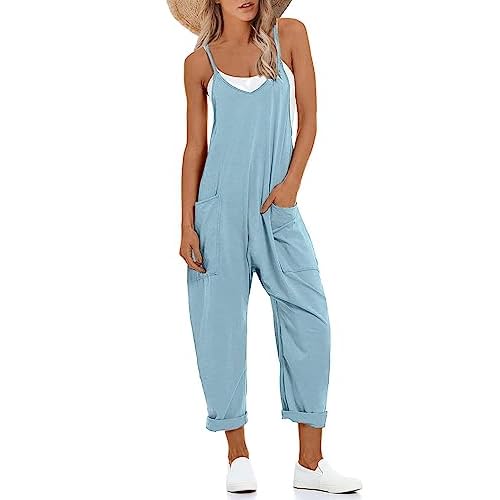 Lentta Women's Causal Jumpsuits V Neck Sleeveless Harem Overalls Stretchy Adjustable Strap Romper with Pockets