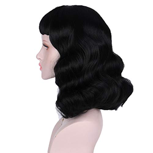 Vintage 50s Rockabilly Wavy Black Wig with Bangs - Cosplay & Daily Use