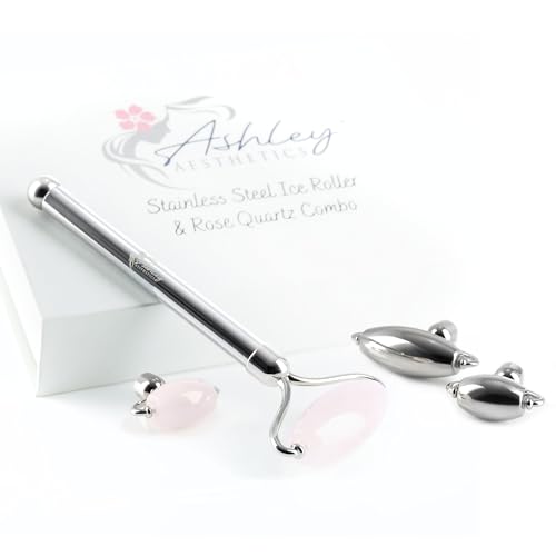 Stainless Steel Ice Roller & Rose Quartz Facial Set | Luxury Skin Care Tools for Lymphatic Drainage, Product Absorption, Skin Tightening, & Relaxation